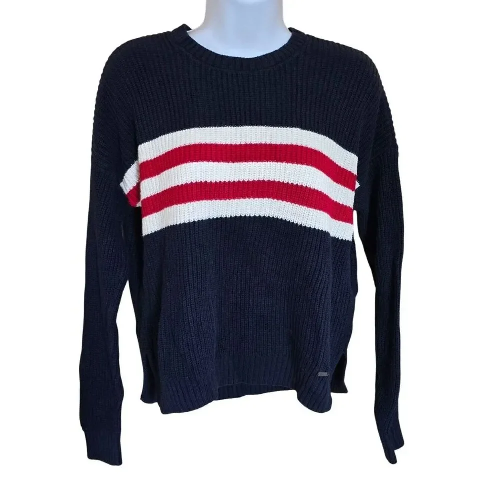 Navy Red & White Striped Knit Sweater Relaxed Fit soft warm outdoor cottagecore